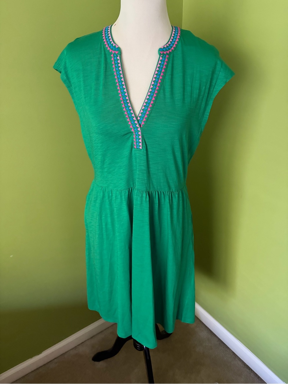 Boden Green Dress with Pink & Blue Embroidery